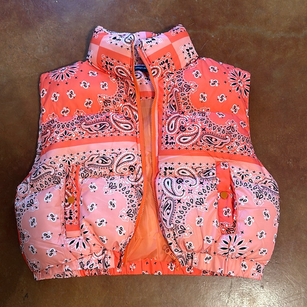 Orange bandana print puffer vest